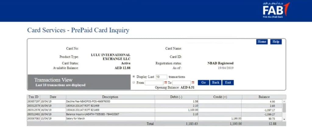 Card Services - PrePaid Card Inquiry NBAD RESULT
